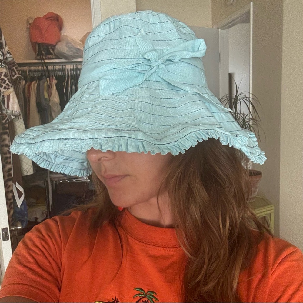 Light Blue Striped Sun Hat with Bow